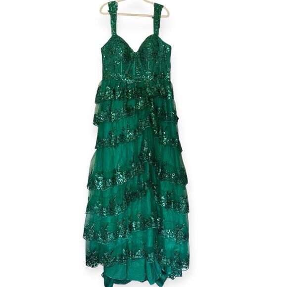 Emerald Green Corset Elegant Tulle Tiered Sequins Sparkly A Slit Prom Gown - Picture 11 of 13